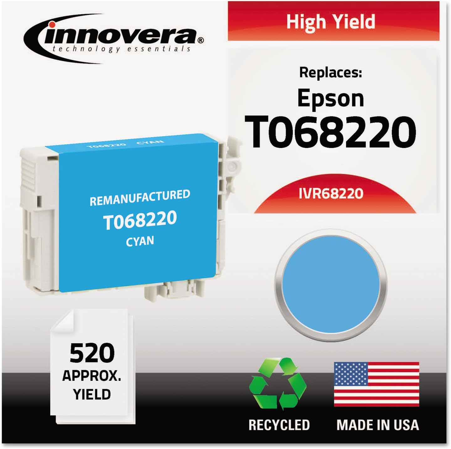 Innovera ivr68220 520pages Cyan Ink Cartridge – Epson Compatible Ink Cartridges (Cyan, CX5000, CX6000, CX7000 °F, CX9400Fax, NX300, NX305, NX400, NX415, NX515, WorkForce 30, 40, Top, 520 pages, T068220)