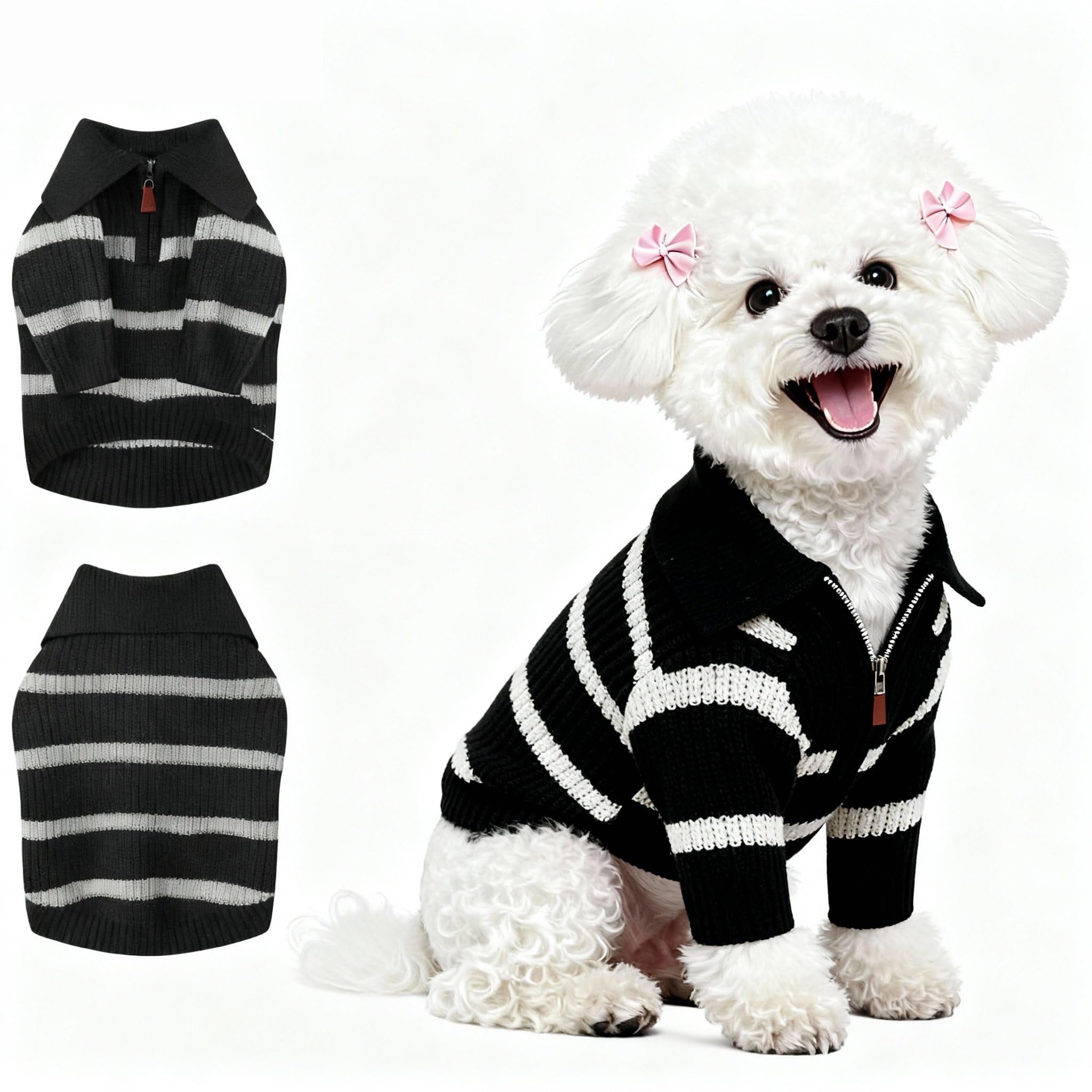 Photo 1 of Small Dog Sweater with Zipper, Knitted Striped Pullover Dog Clothes for Cold Weather, Thick Warm Cozy Stretchy Sweater for Chihuahua, Bulldog, Dachshund, Pug(Black & White Strip, M)