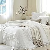 softpage White Ruffle Comforter Set Queen, Pre-Washed Shabby Chic Bedding Set, Lightweight Cottagecore Soft Romantic Cozy 1 Comforter & 2 Shams, All-Season