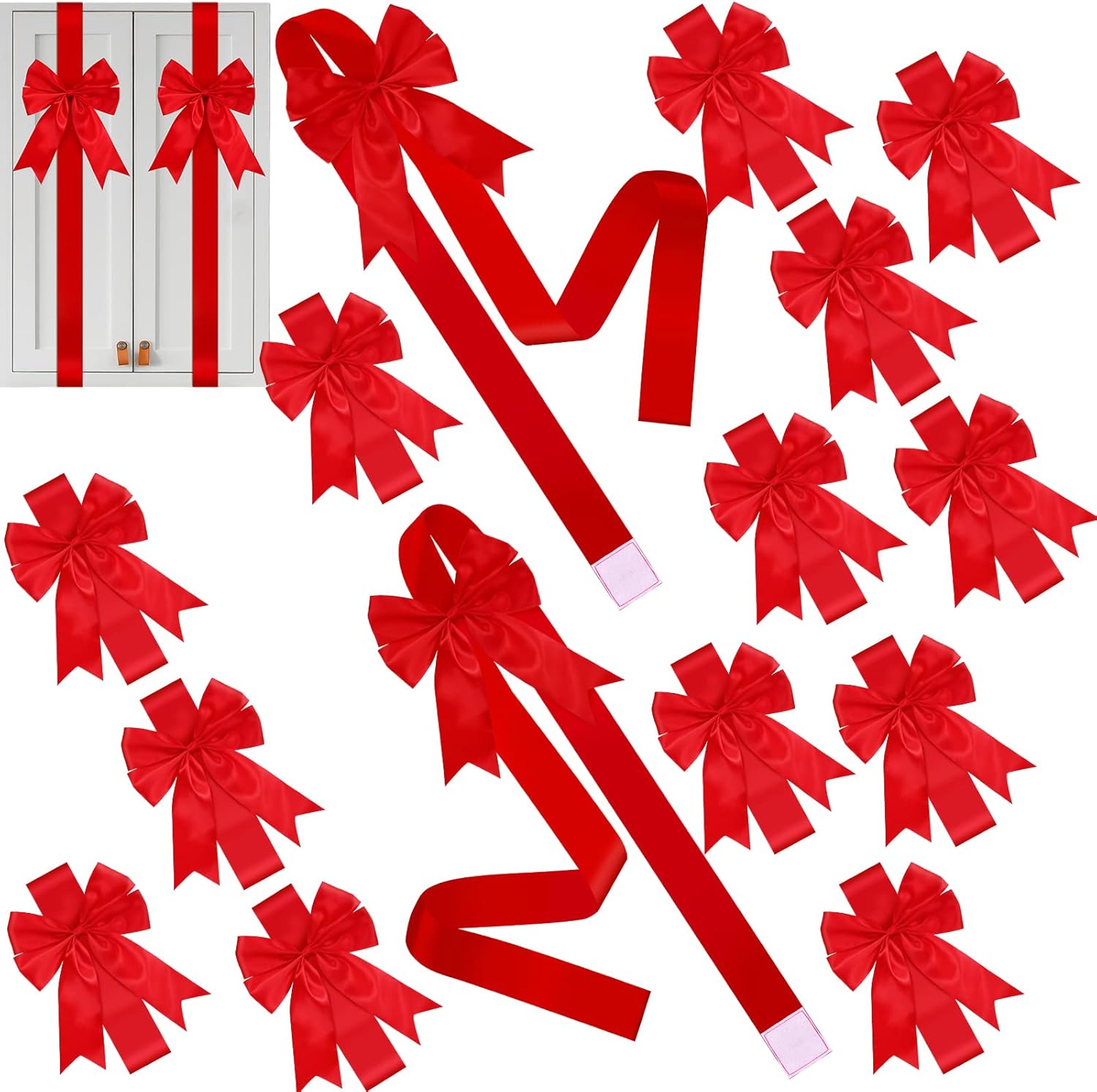 Bows & Ribbons - Christmas Cabinet Festive Ribbons Christmas Door Ribbon and Bows for Christmas Party Decorations (Red, 18 Pieces)
