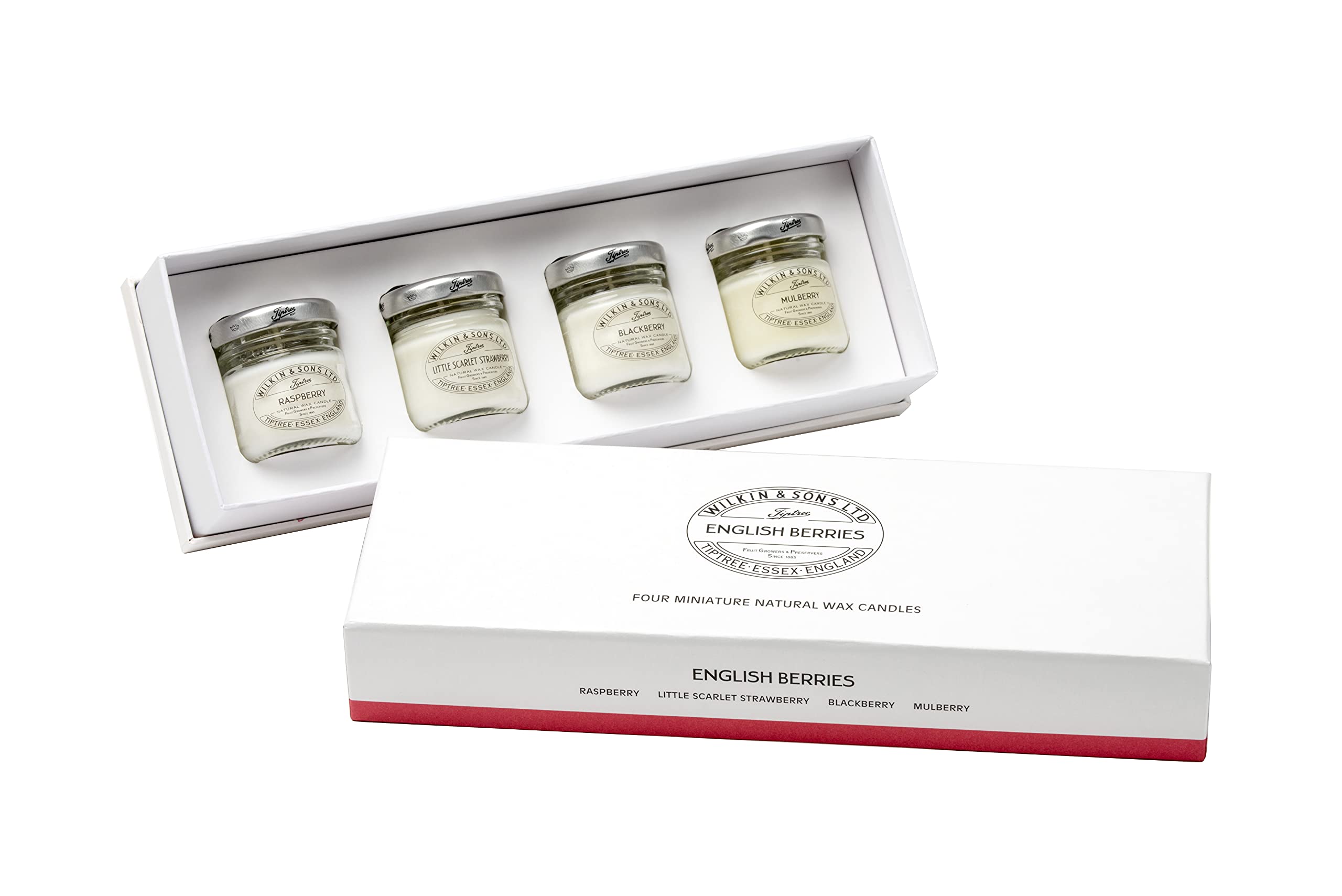 Tiptree English Berries Candle Gift Box by Wilkin & Sons / 4 x 28g Miniature Natural Wax Candles: BlackBerry, Mulberry, Little Scarlet Strawberry, Raspberry