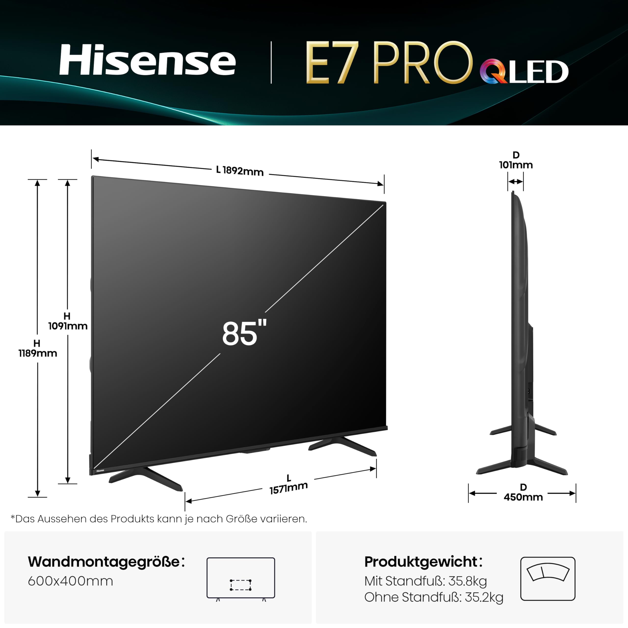 Hisense 85E7Q PRO Fehrnseher,85 Zoll,4K UHD QLED, Smart TV,144Hz Game Mode PRO,Filmaker Mode, AMD FreeSync Premium,AI HDR Upscaler,Dolby Vision IQ,Dolby Atmos,Sprachsteuerung [2025] 2