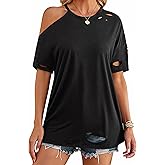 Remidoo Distressed Tshirt Women Short Sleeve Ripped Shirt Off Shoulder Tops Oversized Tee