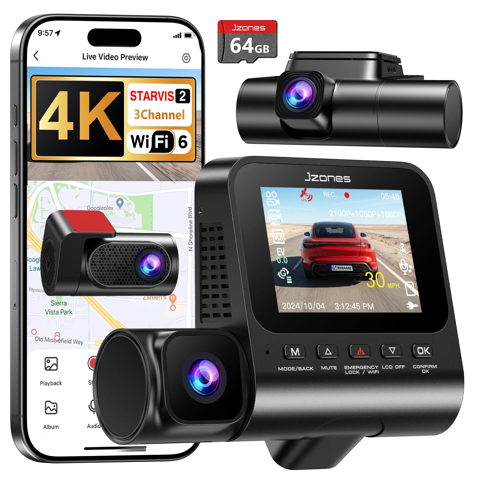 Photo 1 of 4K 3 Channel Dash Cam Front and Rear, Dash Camera for Cars, STARVIS 2 Sensor Dash Camera with HDR Night Vision, 24H Parking Mode Car Camera with GPS, Loop Recording