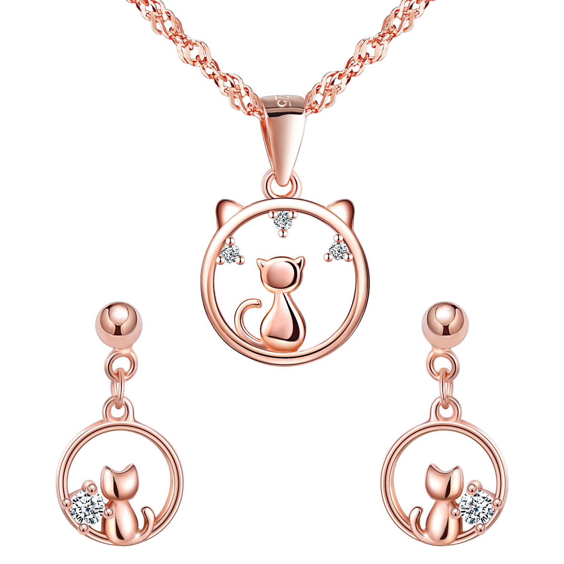 Yumilok Jewellery Gifts for Women Cat Rose Gold Necklaces and Earrings Jewellery Sets