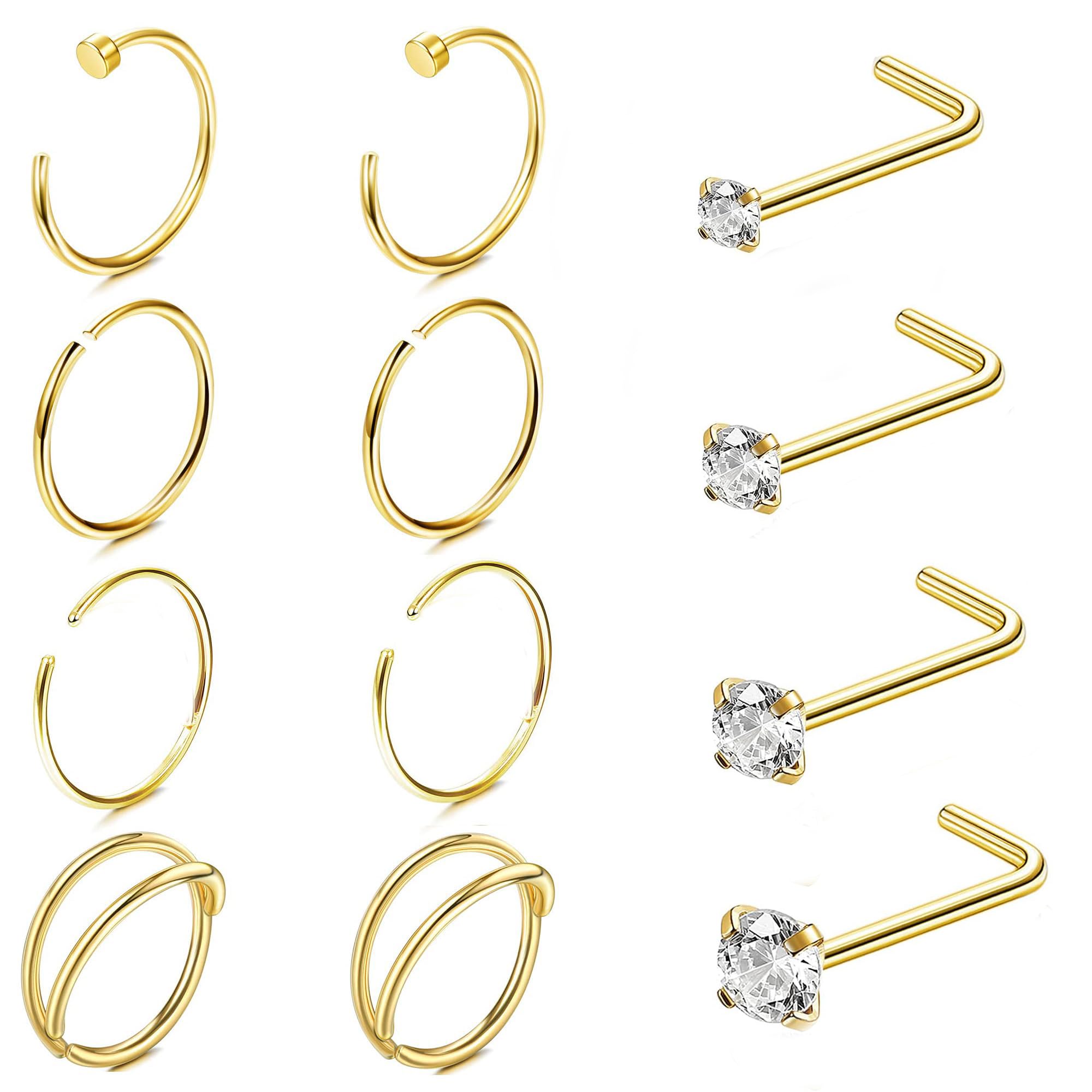 Kakonia Nose Rings for Women Men 20G 316L Stainless Steel Nose Hoop L Shaped Nose Studs Silver Gold Rose Gold Black Rainbow Nose Piercing Jewelry