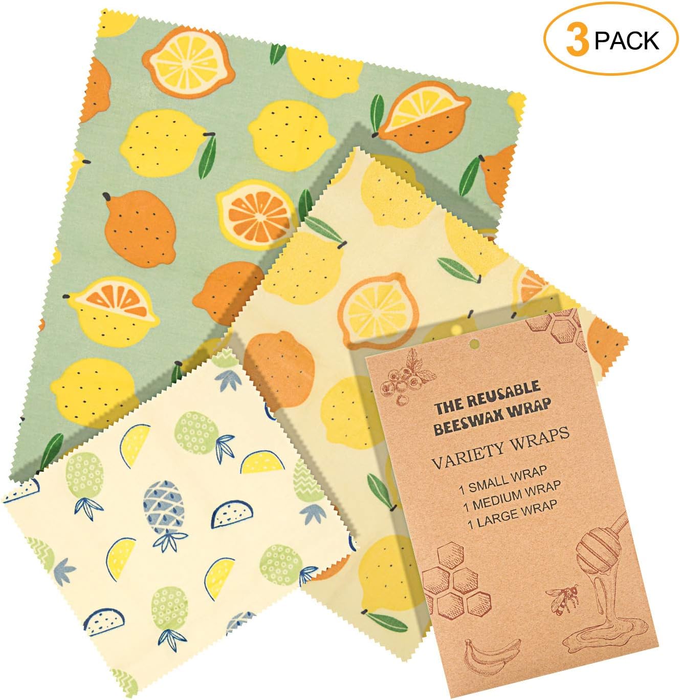 Beeswax Wrap 3 Pack, iTrunk Eco Friendly Reusable Beeswax Food Wraps, Sustainable Non Plastic Bees wrap for Cheese, Fruit, Vegetable and Bread(1 Small/1 Medium/1 Large)