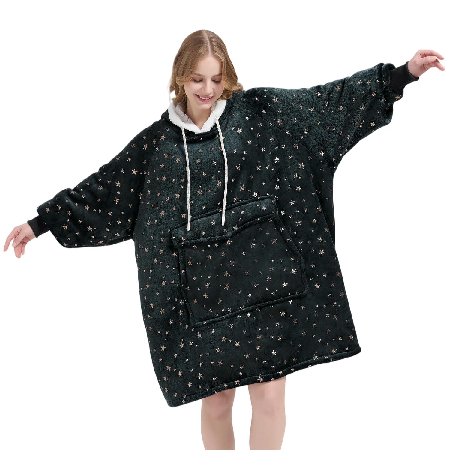 Qeils Wearable Blanket Hoodie for Women, Comfy Sherpa Sweatshirt Blanket as Birthday Christmas Gifts, Oversized Pullover Jacket Blanket Hoodie for Adult (Graphite Foil Star, Adult) Image