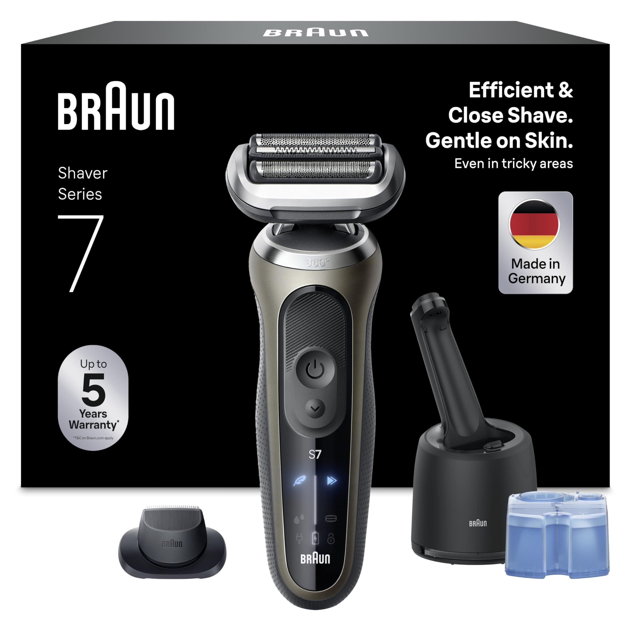 Braun Series 7 Elektrorasierer Herren, Rasierapparat mit 60 Min. Akkulaufzeit, 4in1 SmartCare Reinigungsstation, +1 Aufsatz, Kabelloser Nass- und Trockenrasierer, Wasserdicht, 72-C7200cc, Gold