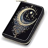 stmedazm Credit Card Holder Wallets for Women, RFID Blocking Small Leather Card Case Wallet with Zipper Accordion Wallets, Celestial Theme Stars with Crescent Moon