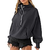 TBA High Neck Hoodies for Women Oversized Half Zip Drawstring Y2K Pullover Sweater Casual Long Sleeve Sweatshirt with Pockets