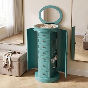 Hives and Honey Bailey Oval Standing Jewelry Armoire Cabinet, Jewelry Storage Organizer with Mirror Lid, Side Doors, 7 Drawer