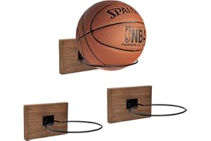 GENMOUS & CO. GENMOUS Set of 3 Wood Basketball Holder Wall Mount Display for Boys Room Decor, Metal Ball Rack Display Stand for Basketball Football Volleyball Storage, Basketball Rack Sports Decor for Boys Bedroom