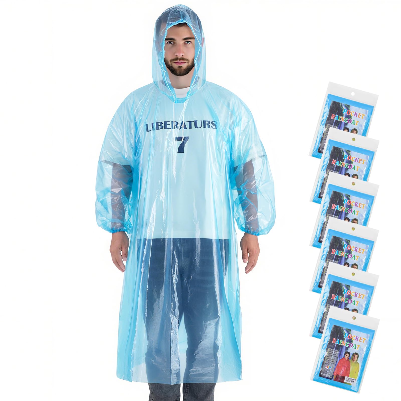 Aolegoo 6 Pack Ponchos Waterproof with Sleeves and Drawstring Hood, Thickened Portable Adult Disposable Waterproof Poncho Ideal for Festival Waterproofing, Camping, Theme Parks — image 1