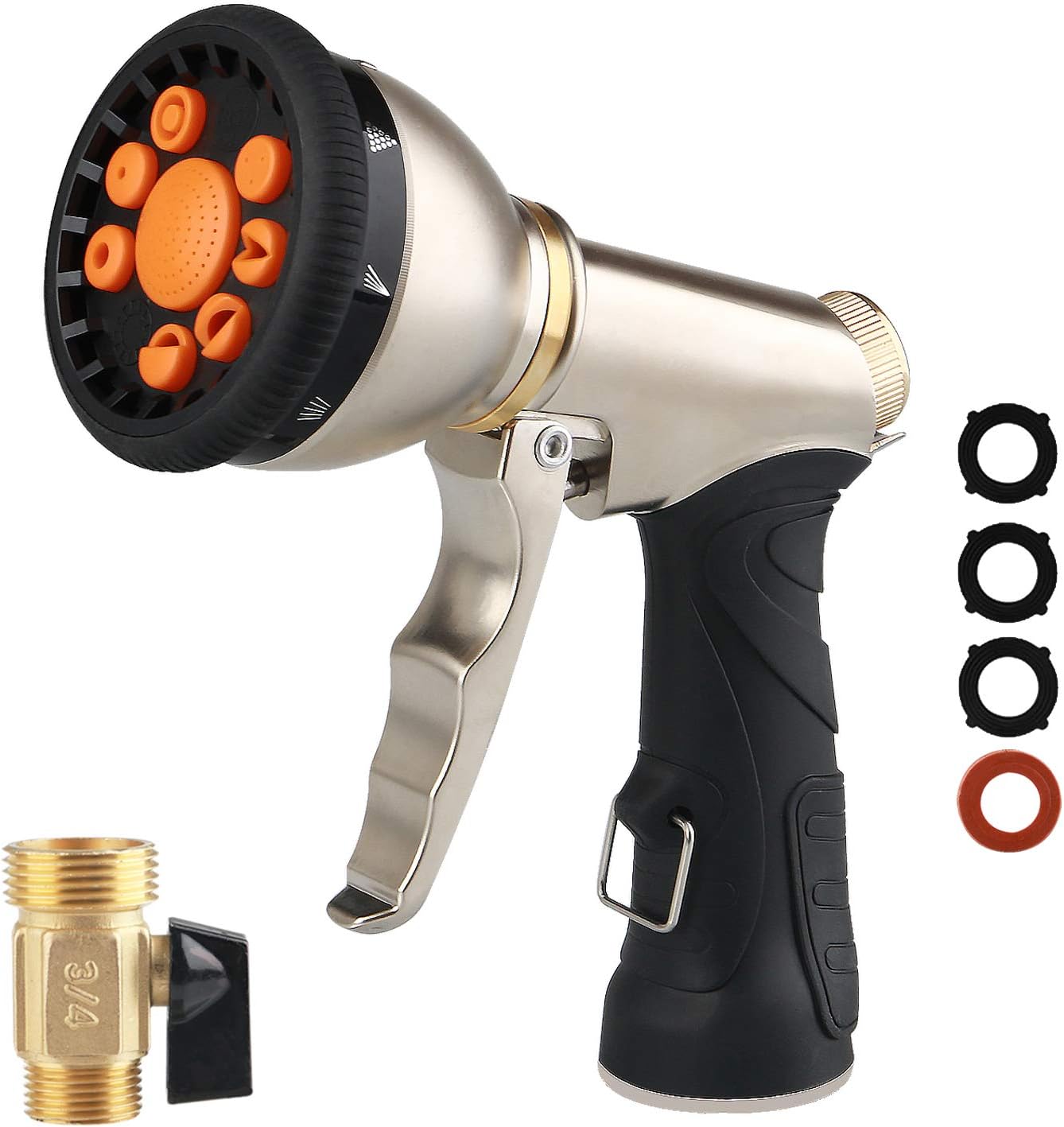 Garden Hose Nozzle Metal Water Hose Sprayer with 3/4" Brass Hose Connector, 9 Adjustable Patterns Garden Nozzle for Lawn and Garden and Car Washing.: Home Improvement