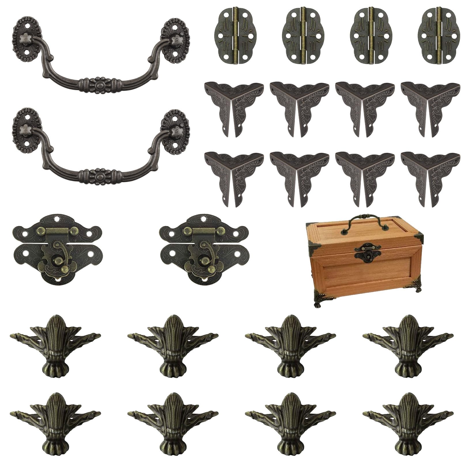 MOROBOR Jewelry Box Antique Lock Latch Hasp Hinges Handle Box Corner Protectors Kit for DIY Jewelry Box Bronze 2 Sets 24Pcs, Wood Case Jewelry Chest Storage Box, Box not Included