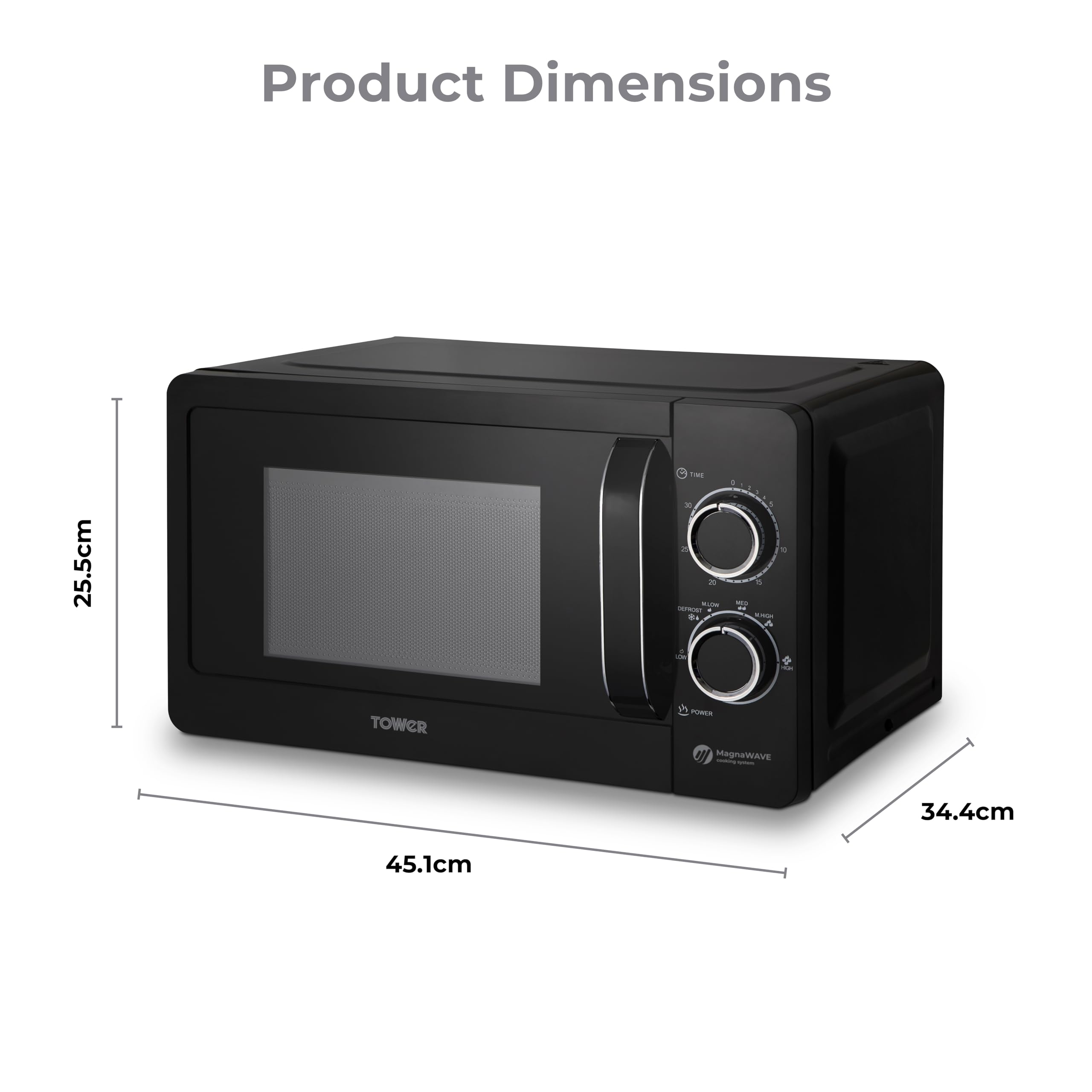 Tower T24042BLK Manual Microwave with Sleek Mirror Door, 800W, 20L, Black & Chrome