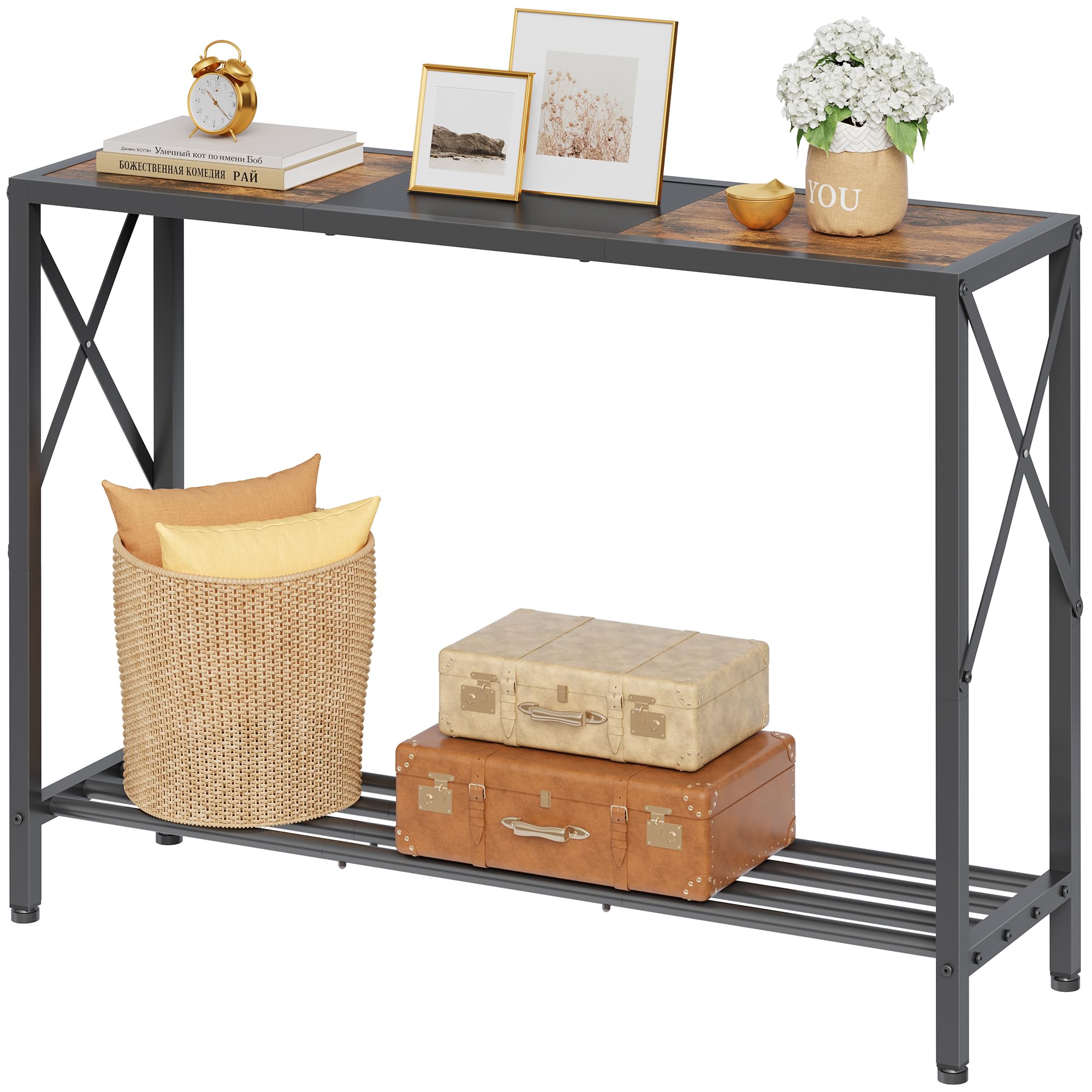 Photo 1 of Tajsoon Console Table 41.8”, 2-Tier Industrial Entryway Table, Narrow Entrance Sofa Table with Shelves, Hallway, Living Room, Foyer, Corridor, Office, Rustic Brown and Black