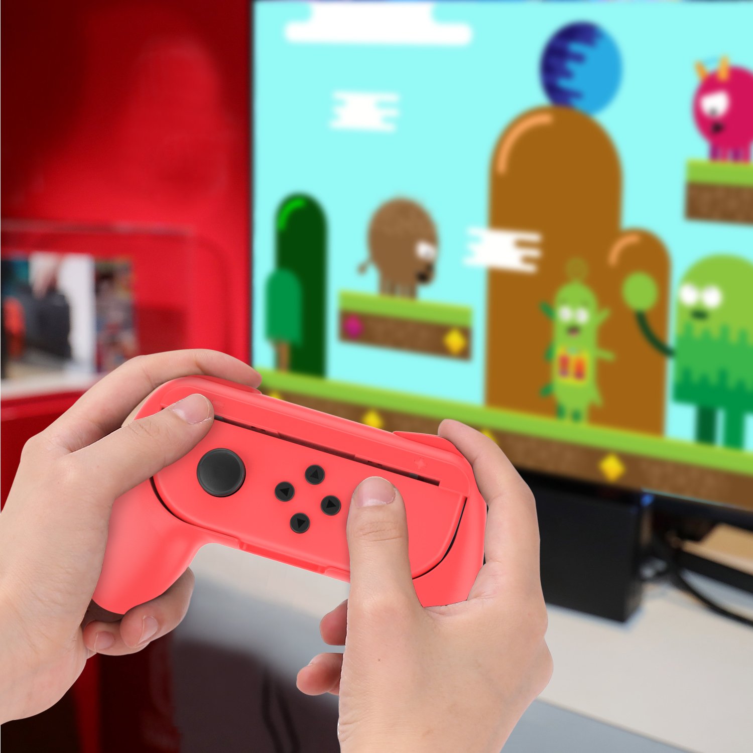 MoKo Grip for Nintendo Switch OLED Model Joycon & Switch Joy-Con, [2-Pack] Ergonomic Hand Grip Controller Handle Kit Compatible with Nintendo Switch/Switch OLED 2021 Joy Cons Controllers, Red and Blue