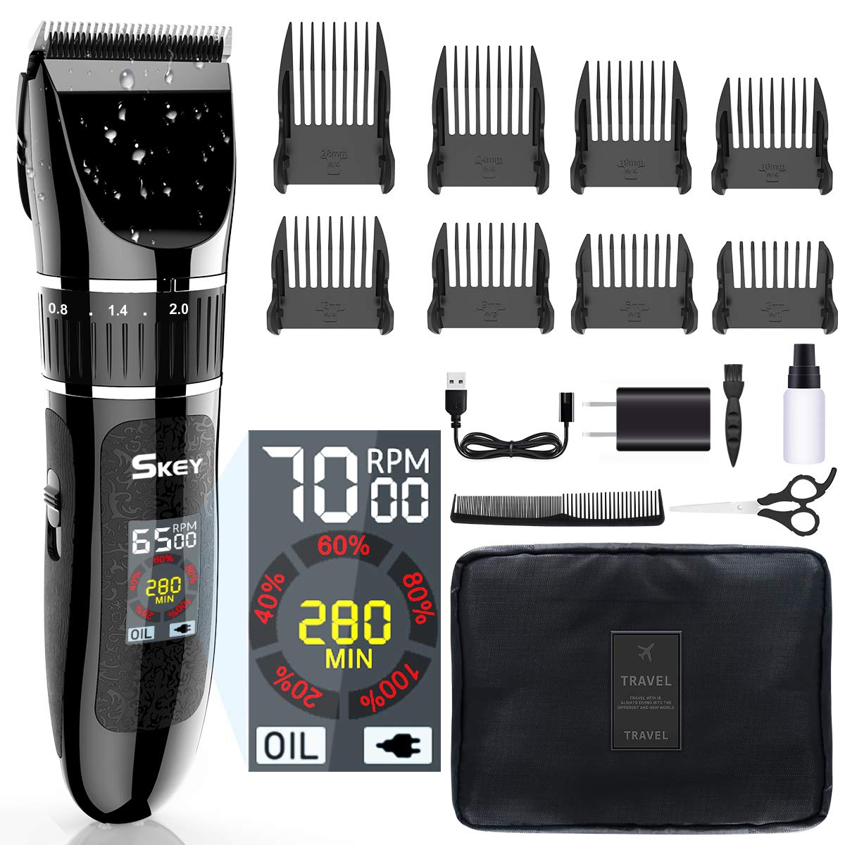 SKEY Professional Hair Clippers - Rechargeable Hair Beard Trimmer Cordless Haircut Kit with Titanium & Ceramic Waterproof Blades for Wet/Dry Cut, 2-Speed Adjustable with LCD Display, and Travel Bag: Beauty