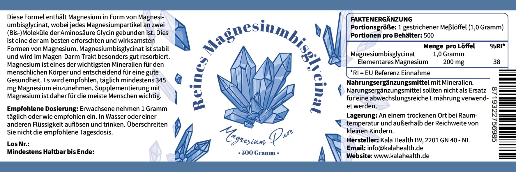 Pure Magnesium Bisglycinat Pulver - Magnesiumbisglycinat 200mg Elementares Magnesium pro gramm - Ohne Magnesiumstearat 2