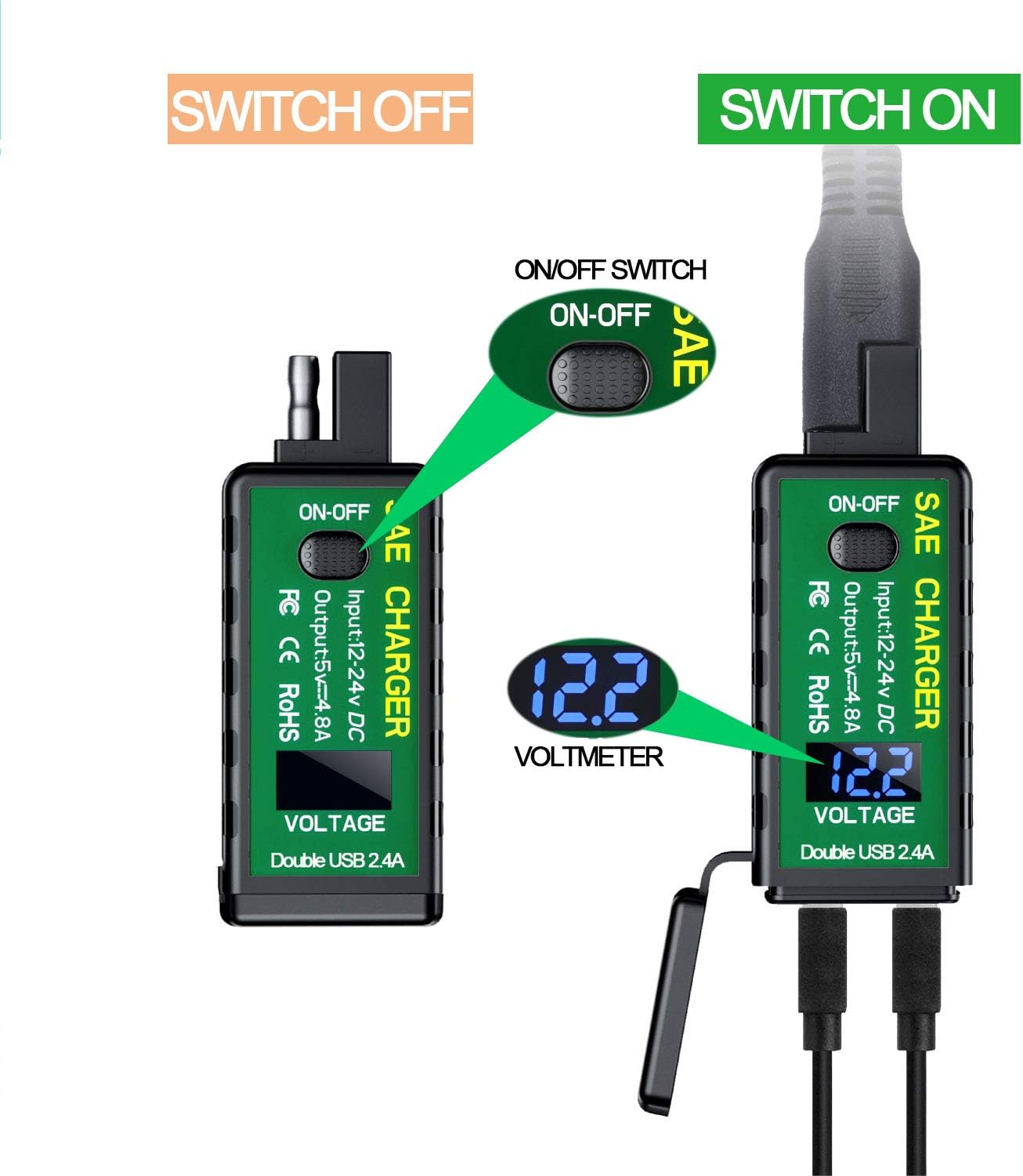 【Upgraded Version】 YONHAN 4.8A Motorcycle USB Charger SAE to USB Adapter with Voltmeter & ON/Off Switch, 3 Install Options Waterproof Quick Disconnect Plug for Smart Phone Tablet GPS