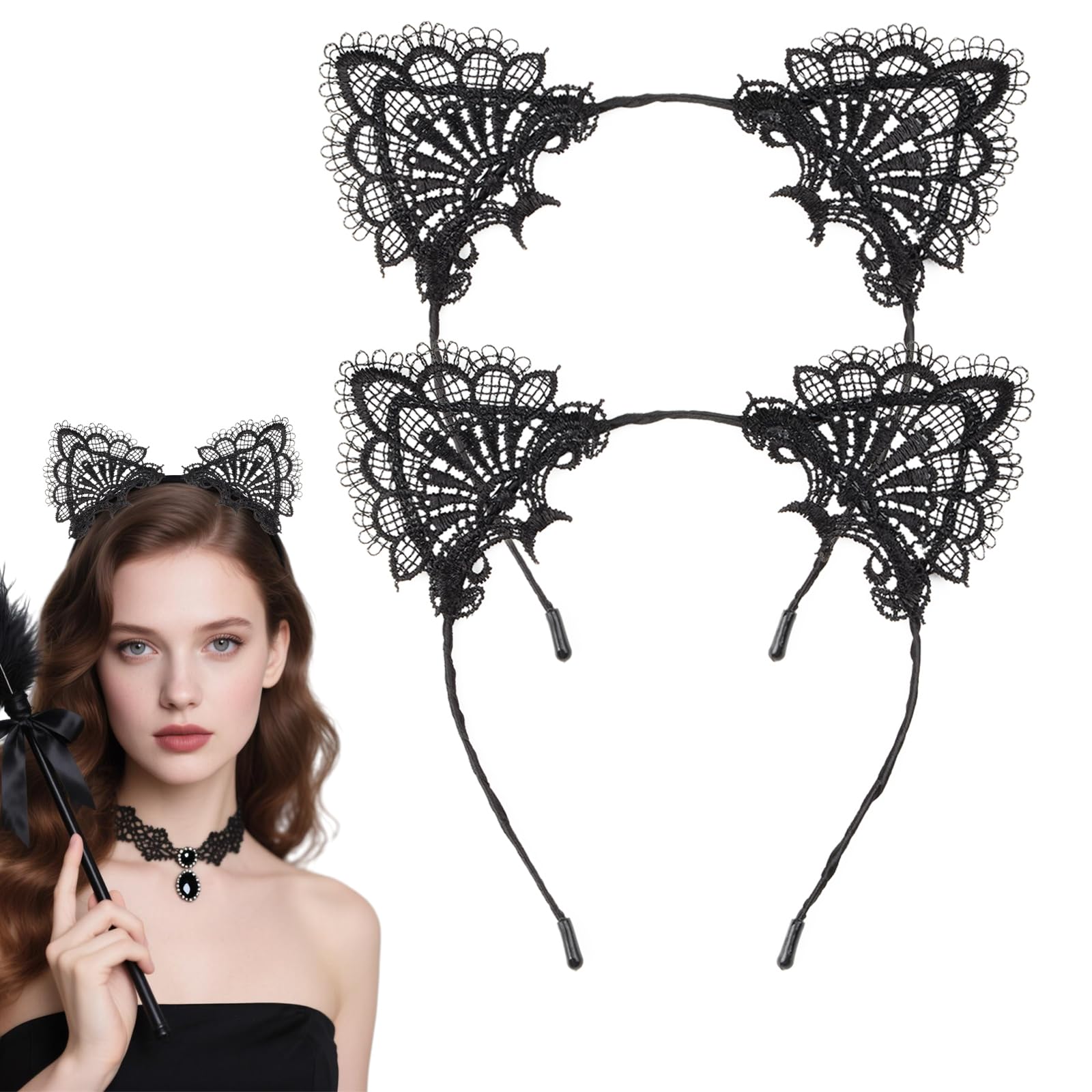 Balloome Black Cat Ears Headband Women Ears Costume Soft Kitty Ears Headband 2 PCS for Cosplay Halloween Christmas Party Daily Decoration (lace)