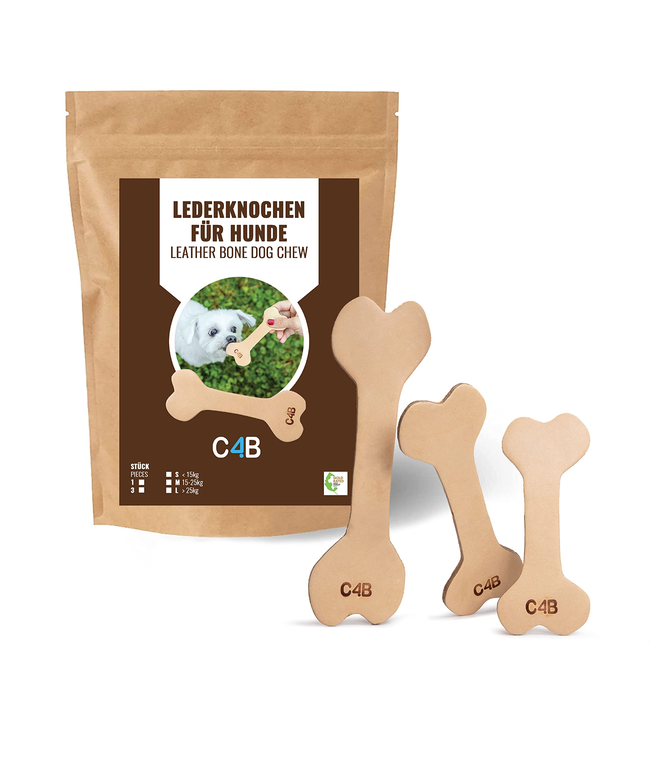 c4b Leather Dog Chew Bone | Chewing Bone Dog Toy | Dental Care, Snack, Chew Toy | Bone made from 100% Vegetable-Tanned Leather (SET of 3 pcs - M - 15 cm)