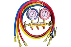 DRAKO-MYXX Upgrade 42201 Test & Charging Manifold with 3-1/8" (80 mm) Gauges,60" Refrigerant Hose with Compact Ball Valve,1/4" Standard Flare Fitting,2-Valve,HVAC Manifold for R-22/404A/410A,Yellow/Red/Blue