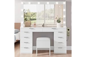 YITAHOME 46" Glass Top Vanity Desk with LED Mirror, 11 LED Bulbs, 3 Adjustable Lighting Modes, 10-Drawer Makeup Vanity with PU Storage Stool, Dressing Table Built-in USB & AC Outlets