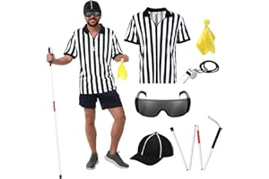ShinyMatch 6 Pcs Men's Referee Shirt Blind Referee Costume Kit Folding Blind Cane Ref Hat Glasses Whistle