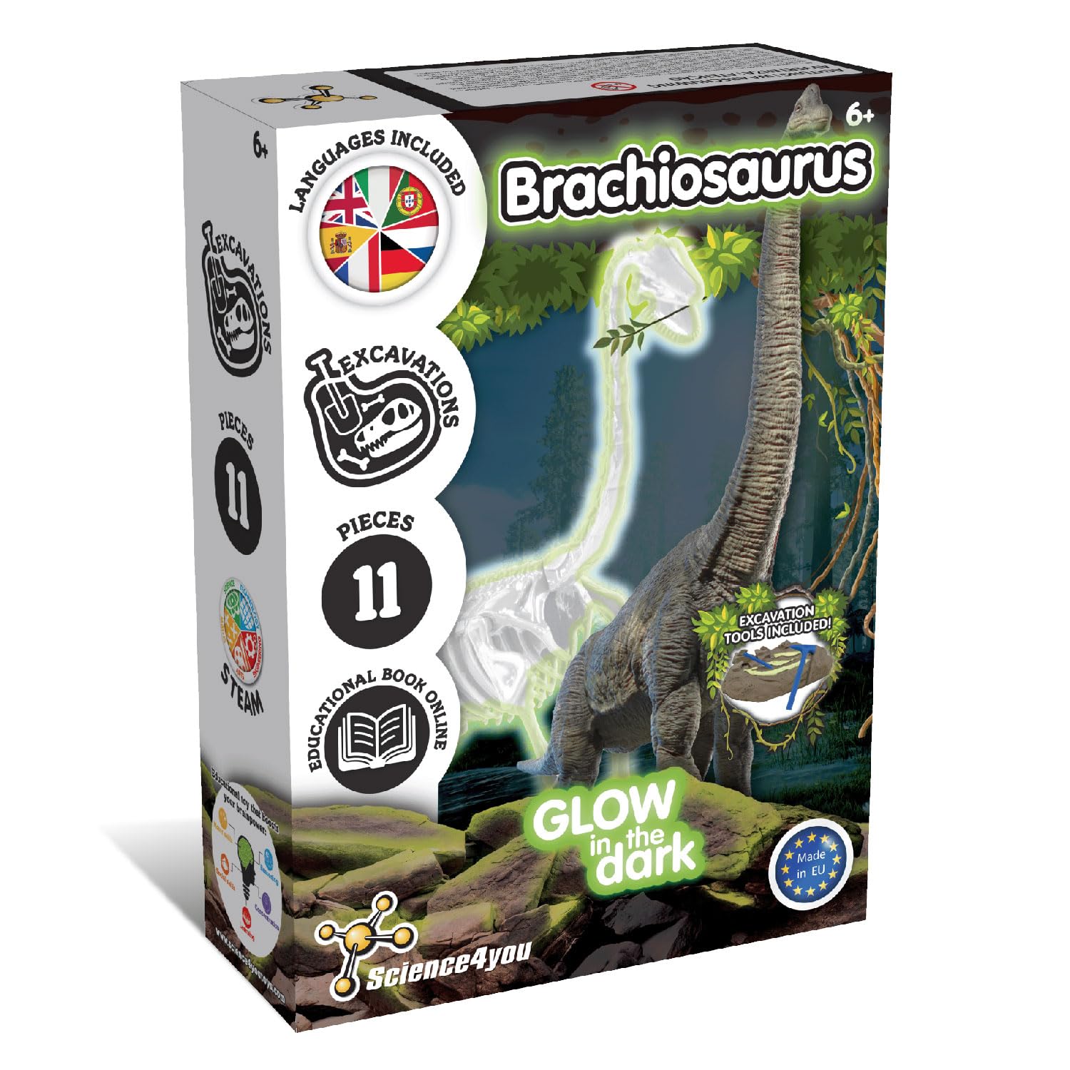 Science4you Brachiosaurus Fossil Digging Kit for Kids - Excavate and assemble 11 pieces Dinosaur Fossil, Glow-in-the-dark Excavation Dig Kit, Games, Dinosaur Toys for Girls and Boys 6+ years old — image 1