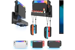 Kosker Switch 2/1 Wall Mount Kit for Switch 2/ OLED/Original Versions, Shelf Wall Holder Stand with Joycons Strap Hanger & 14 Game Slots Rack for S Witch TV Dock Console, Display Bracket Behind TV