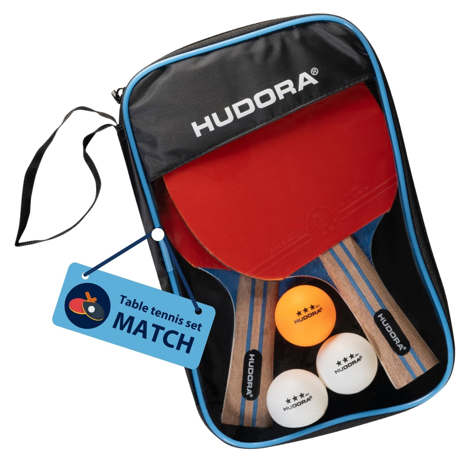 HUDORA Table Tennis Set Match - table tennis racket set with 2 rackets & 3 balls - Ping Pong racket set including storage bag - table tennis set ideal for beginners