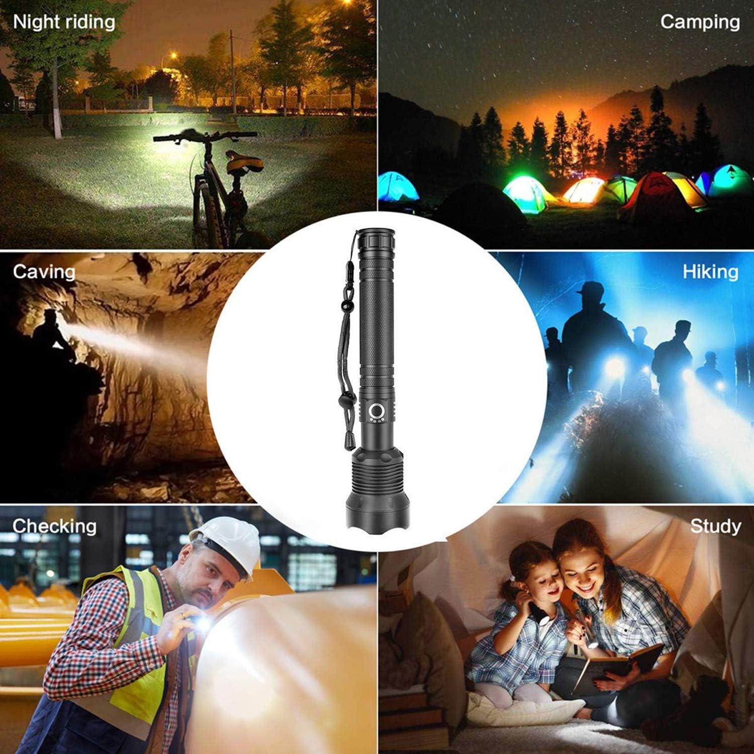 MIXILIN Rechargeable LED Flashlight, 90000 High Lumen Flashlights with 26650 Battery, 3 Modes Super Bright Tactical Flashlight Zoomable Water Resistant Flashlight for Camping Hiking Emergency - - 