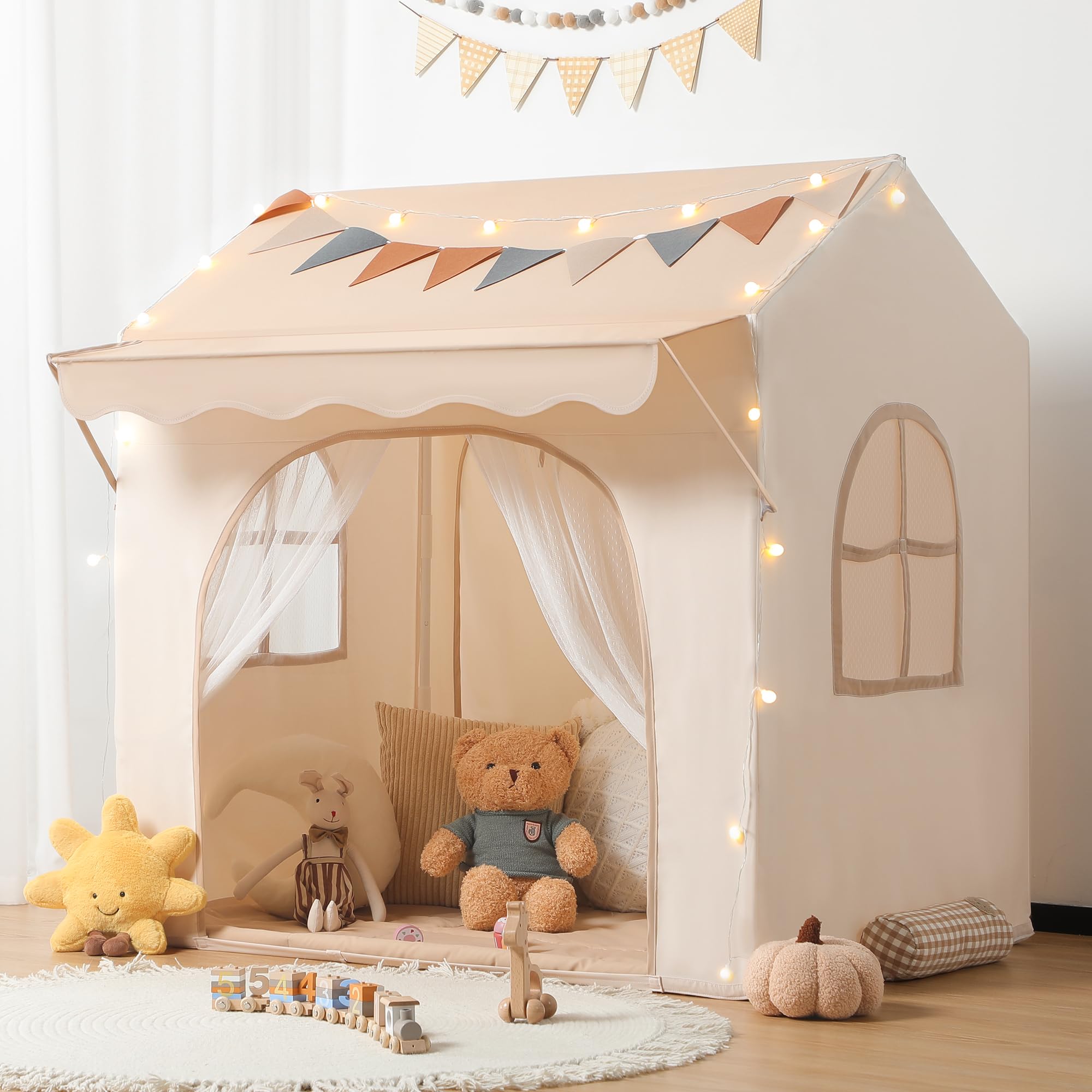 besrey 2-in-1 Kids Play House Tent for Girls & Boys – Indoor Toddler Tent with Lights & Pad, Children Tents for Kids & Toddlers, Large Bed Tents, Princess Playhouse with 2 Doors kiosk-style