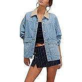 Lumister Women's Oversized Denim Jacket with Contrast Trim Long Sleeve Button Down Jean Coat with Pockets Outerwear