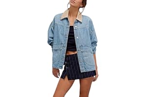 Lumister Women's Oversized Denim Jacket with Contrast Trim Long Sleeve Button Down Jean Coat with Pockets Outerwear