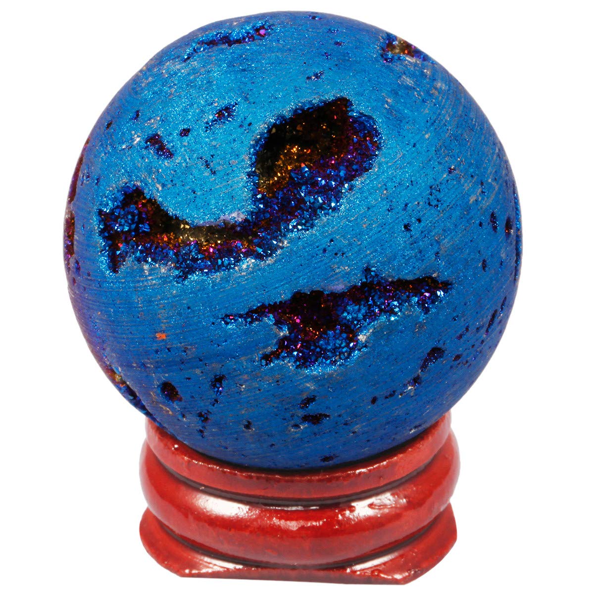 Nupuyai Druzy Agate Geode Crystal Sphere Ball with Stand, Blue Titanium Coated Quartz Cluster Specimen Spiritual Healing Stone for Home Decor