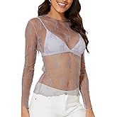 WIHOLL Womens Mesh Sheer Tops Sexy Crew Neck Summer Loose FIt Party Clubwear Shirts