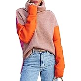 Dokotoo Womens Turtleneck Sweaters Casual Long Sleeve Color Block Side Slit Pullover Knit Jumper Tops