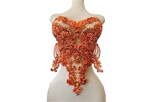 ZBROH Handmade red/Blue/Gold/Green Rhinestones lace Bodice Applique Sewing Beads Crystal Trim Patches Accessory for Dress Clothes (Orange)
