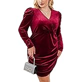 IN'VOLAND Womens Plus Size Long Sleeve Wrap Semi Formal Velvet Mini Dress Sexy V Neck Cocktail Party Midi Dress