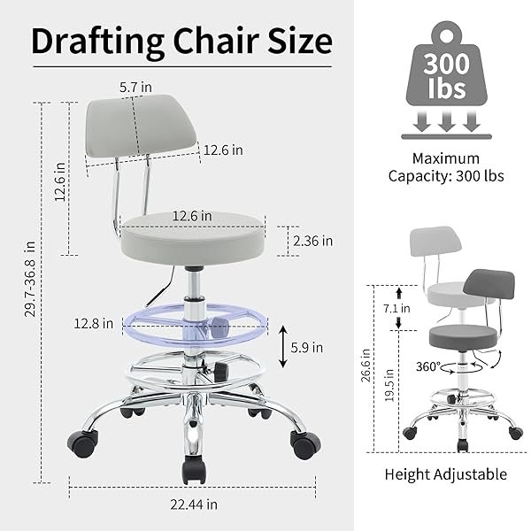 FIRAVOE DRAFTING STOOL (HEIGHT ADJUSTABLE OFFICE CHAIR WITH FOOTREST 19.5″-26.6″)(DRUM STOOL WITH BACK) SPACE SAVING TATTOO CHAIR (GRAY)
