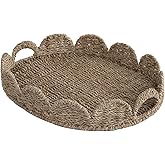 StorageWorks Scalloped Edge Wicker Serving Tray, Woven Rattan Table Trays with Handle, Wicker Tray for Room Décor, Seagrass Tray for Ottoman, Scalloped Organizer Trays
