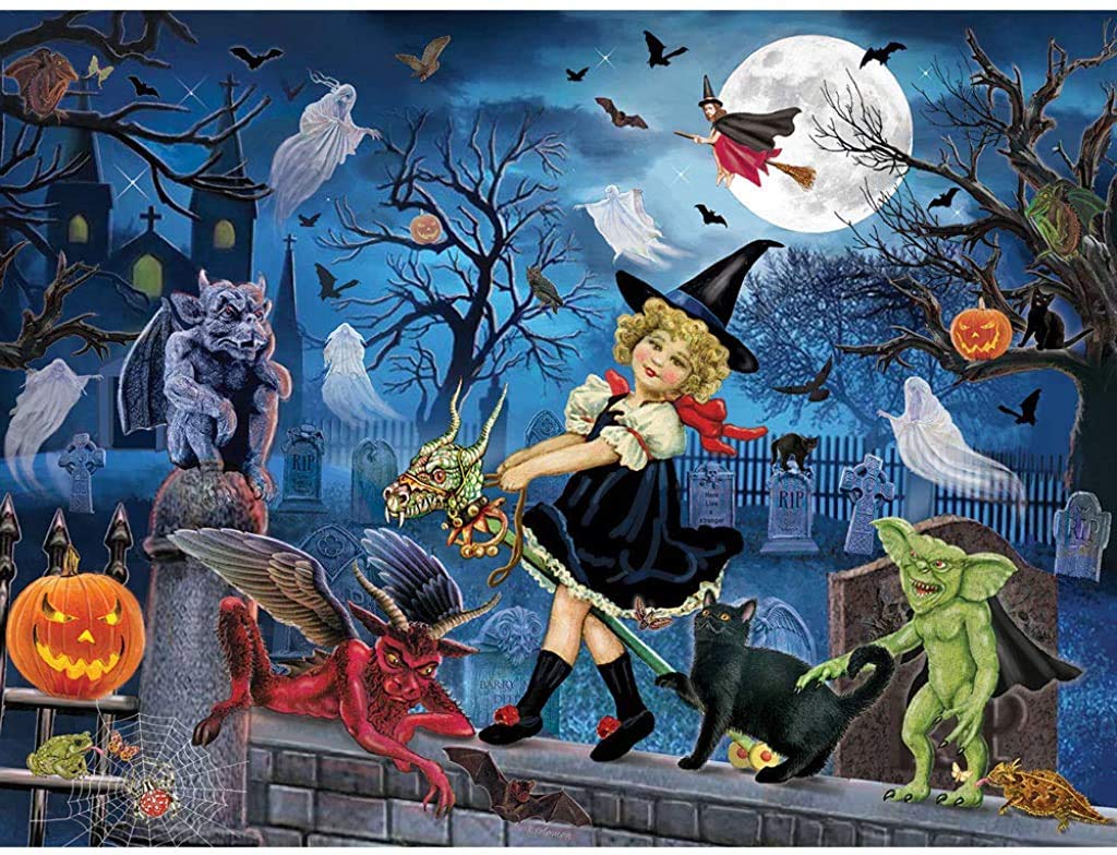 Bits and Pieces - 1000 Piece Jigsaw Puzzle for Adults 51cm x 69cm - Littlest Witch's Halloween Party - 1000 pc Haunted House Halloween Trick or Treat Jigsaw by Artist Rosiland