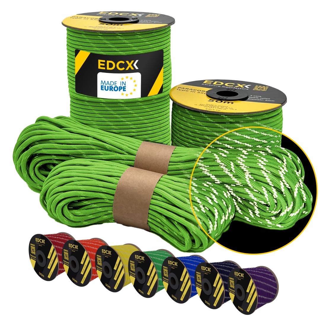 EdcX 4 mm Reflective Paracord 550 (15, 30, 50 m) – Tear-Resistant Parachute Cord for Survival Made of 100% Nylon, 4 mm Type III with 7 Wires (Reflective Neon Green, 15 m) — image 1