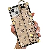 TRODINO Rectangle Leather Compatible with iPhone 13 Case with Wristband Strap, Luxury Designer Case for Women Girls, Holder Kickstand Protective Cover 6.1” (Beige)
