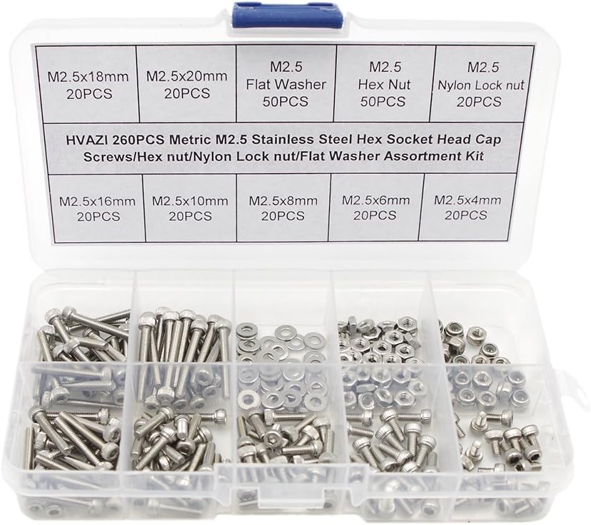 HVAZI Metric M2.5 Stainless Steel Socket Head Cap Screws/Hex Nuts/Nylon Lock nut/Flat Washer Assortment Kit