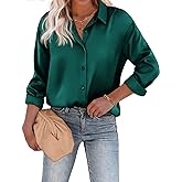 Chigant Women's Blouse Satin Silk Shirts Button Down Shirts Casual Loose Long Sleeve Office Work Tunic Tops